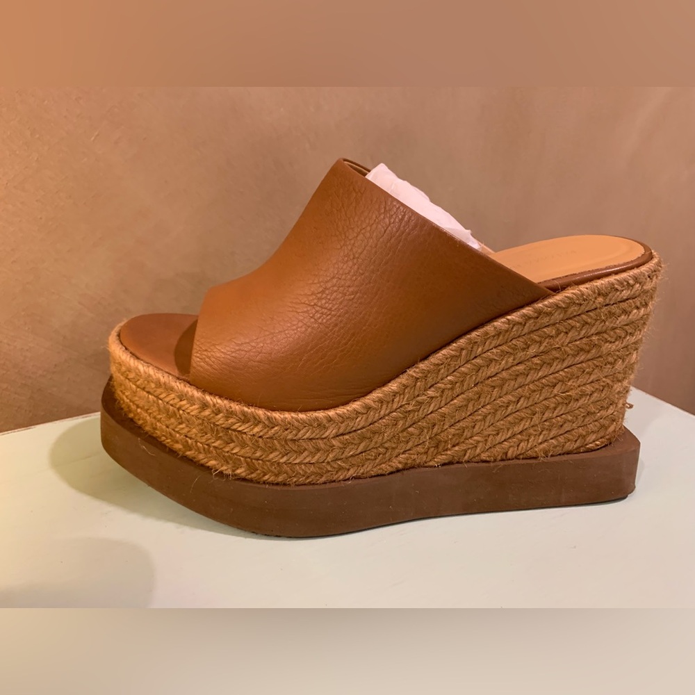 Paloma Barcelo cognac leather raffia platforms